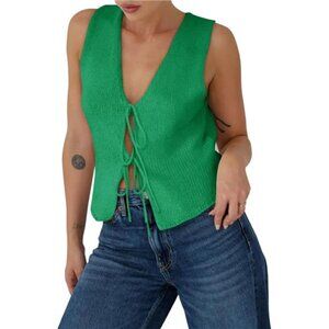 ✨ Tie Front Crochet Knit Sweater Vest – Ribbed Sleeveless Tank Top